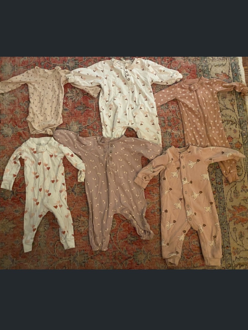 6 Quincy Mae Onesies/Pajamas- Baby Girl Size 6-12 months
